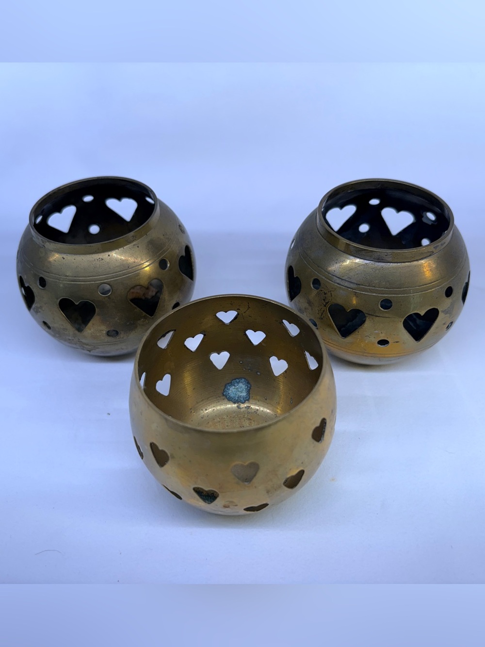 Vintage Brass Heart Cutout Candle Holders - Set of 3 Votives